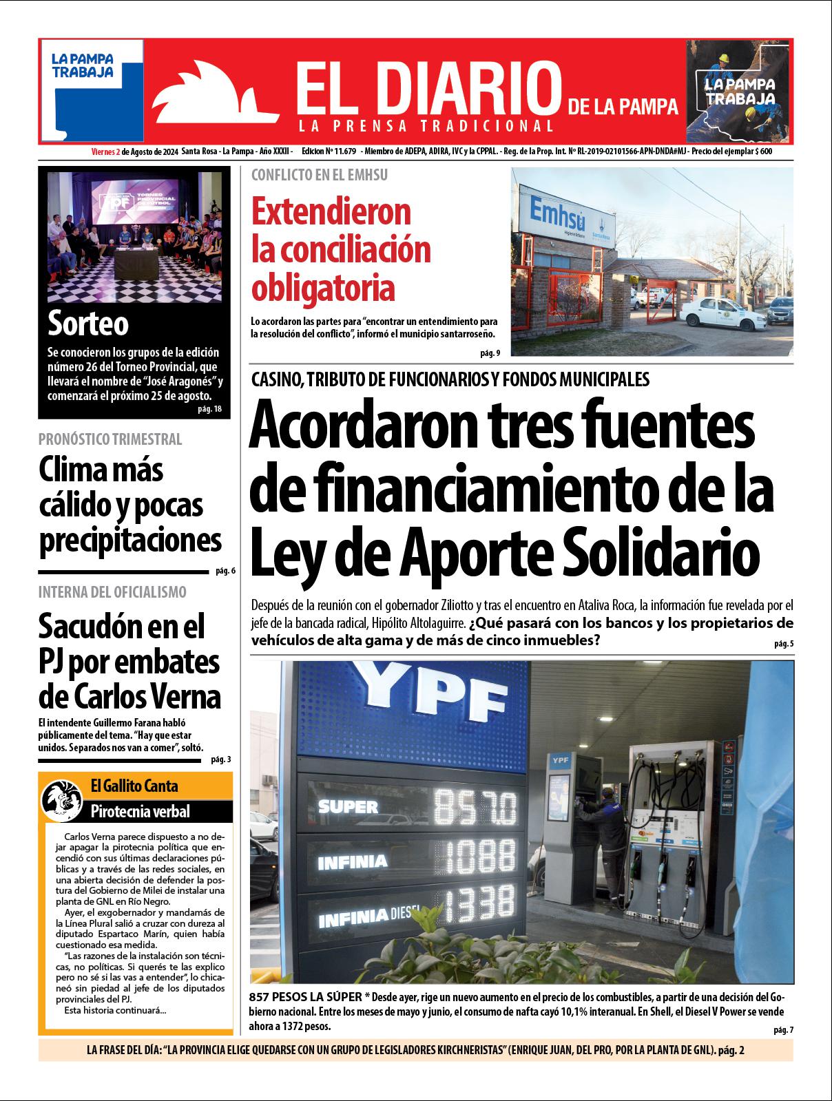 Tapa de El Diario en papel  viernes 02 de agosto de 2024